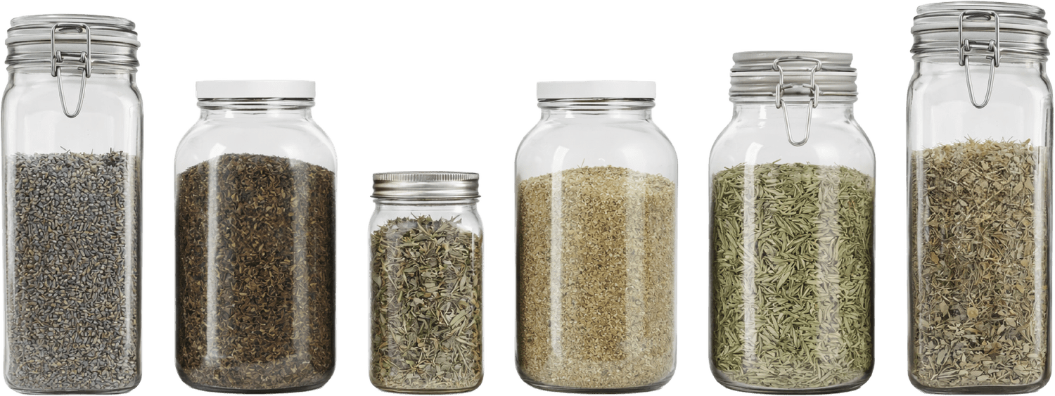 Glass jars of dried herbs